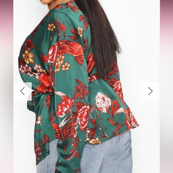 BOOHOO PLUS FLORAL PRINT WRAP TOP TEAL 16 NWT IN PKG - Picture 2 of 7